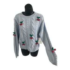 Blue cable knit crew neck sweater with dangling cherry charms size medium new
